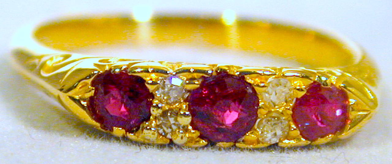 Victorian Antique Three Stone Ruby Gold Ring