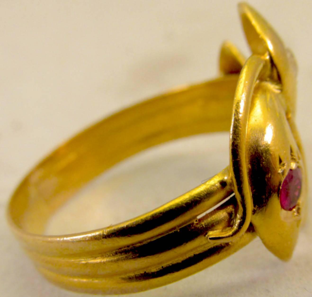 Women's or Men's Antique Ruby Diamond Gold Snake Ring
