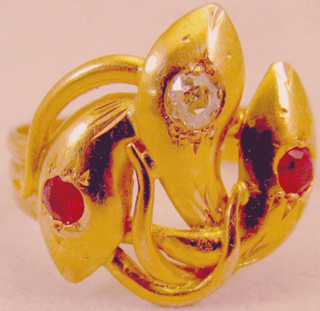 Victorian Antique Ruby Diamond Gold Snake Ring