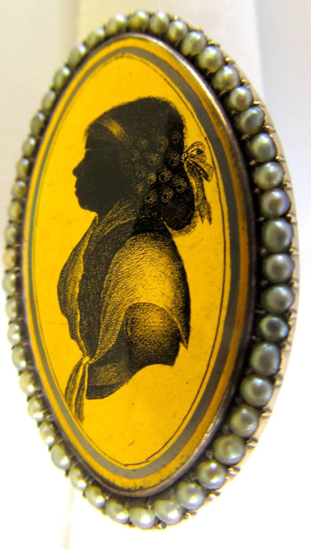 Georgian Antique Pearl and Verre Eglomisé  Portrait Ring