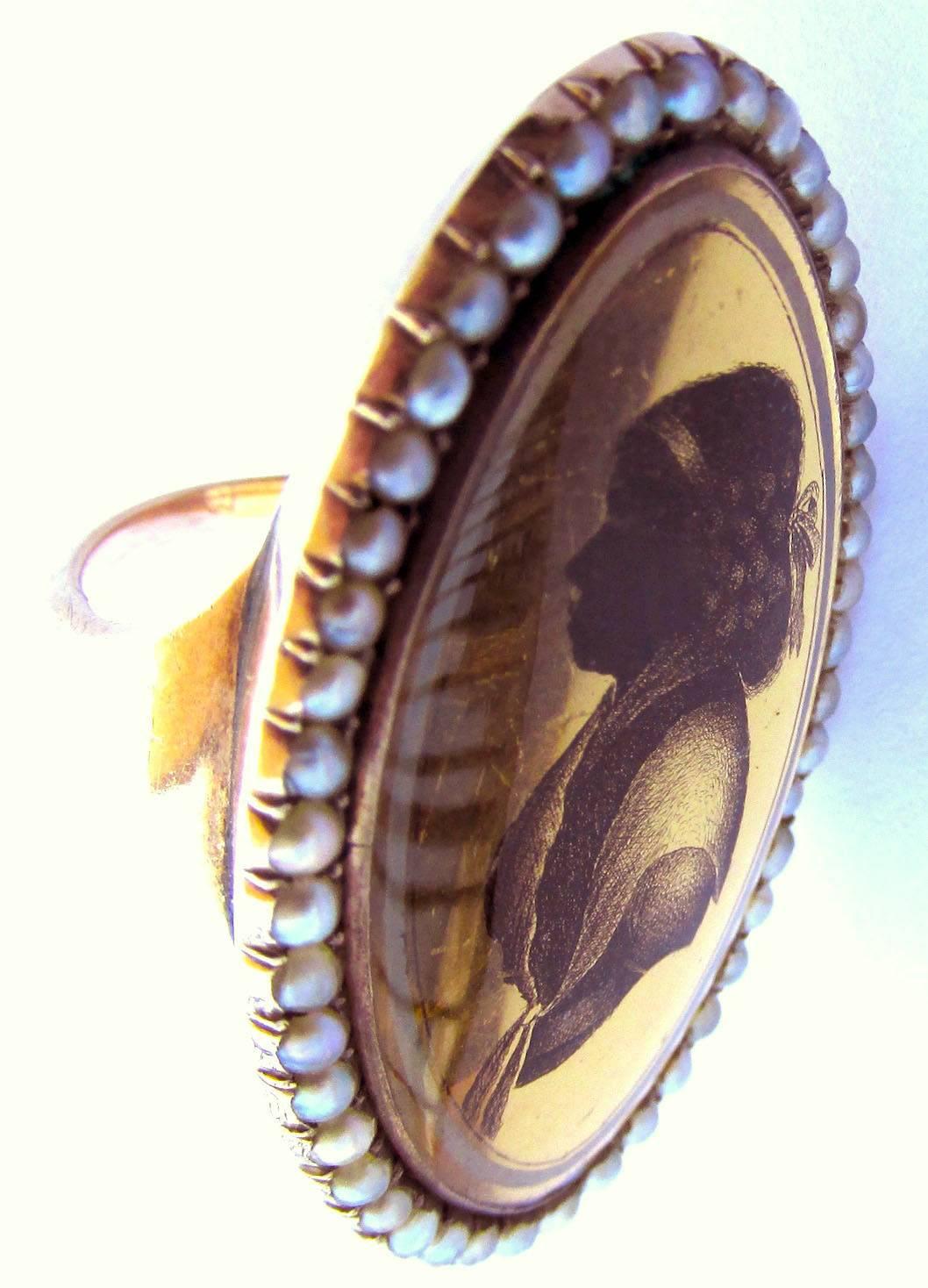 Women's Antique Pearl and Verre Eglomisé  Portrait Ring