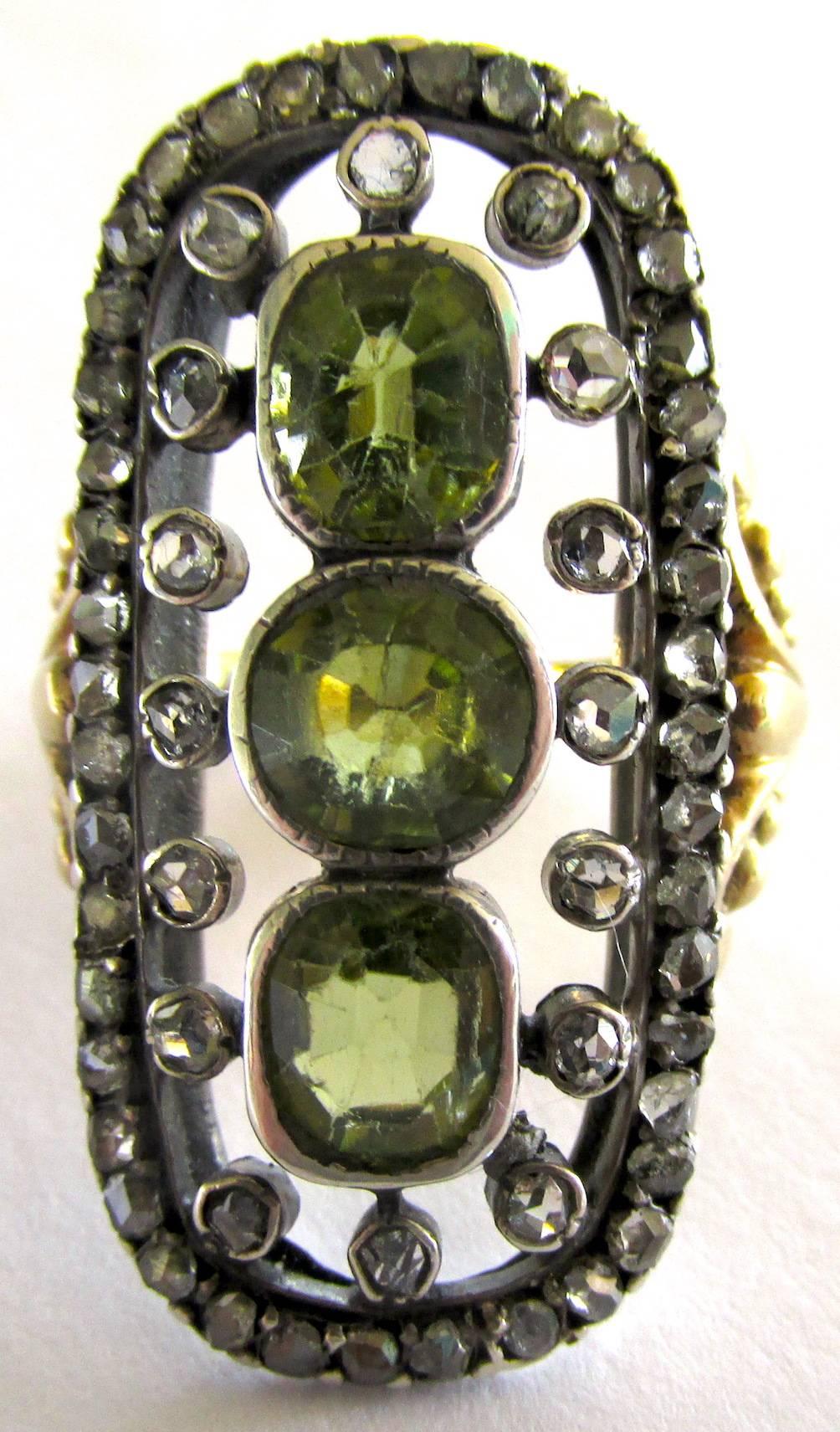 Antique Peridot Rose Diamond Silver Gold Ring In Excellent Condition In Baltimore, MD