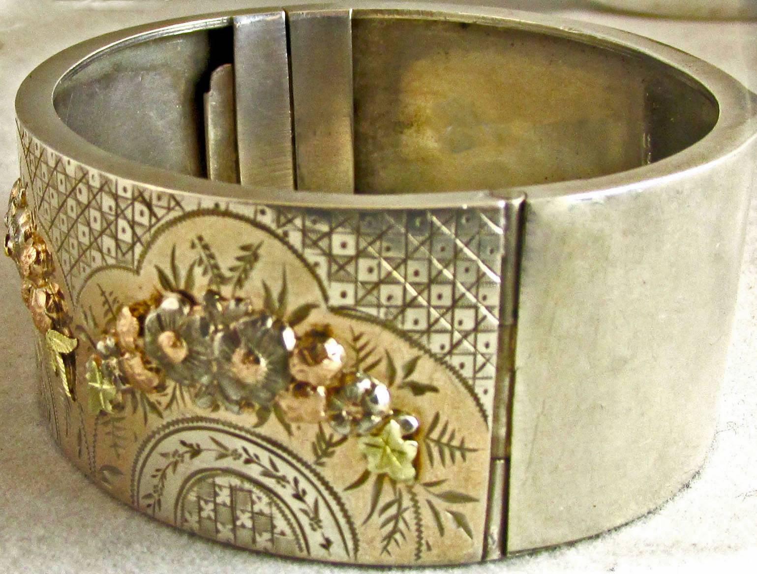 Victorian Antique Silver Two Color Gold Floral Motif Bangle Bracelet For Sale