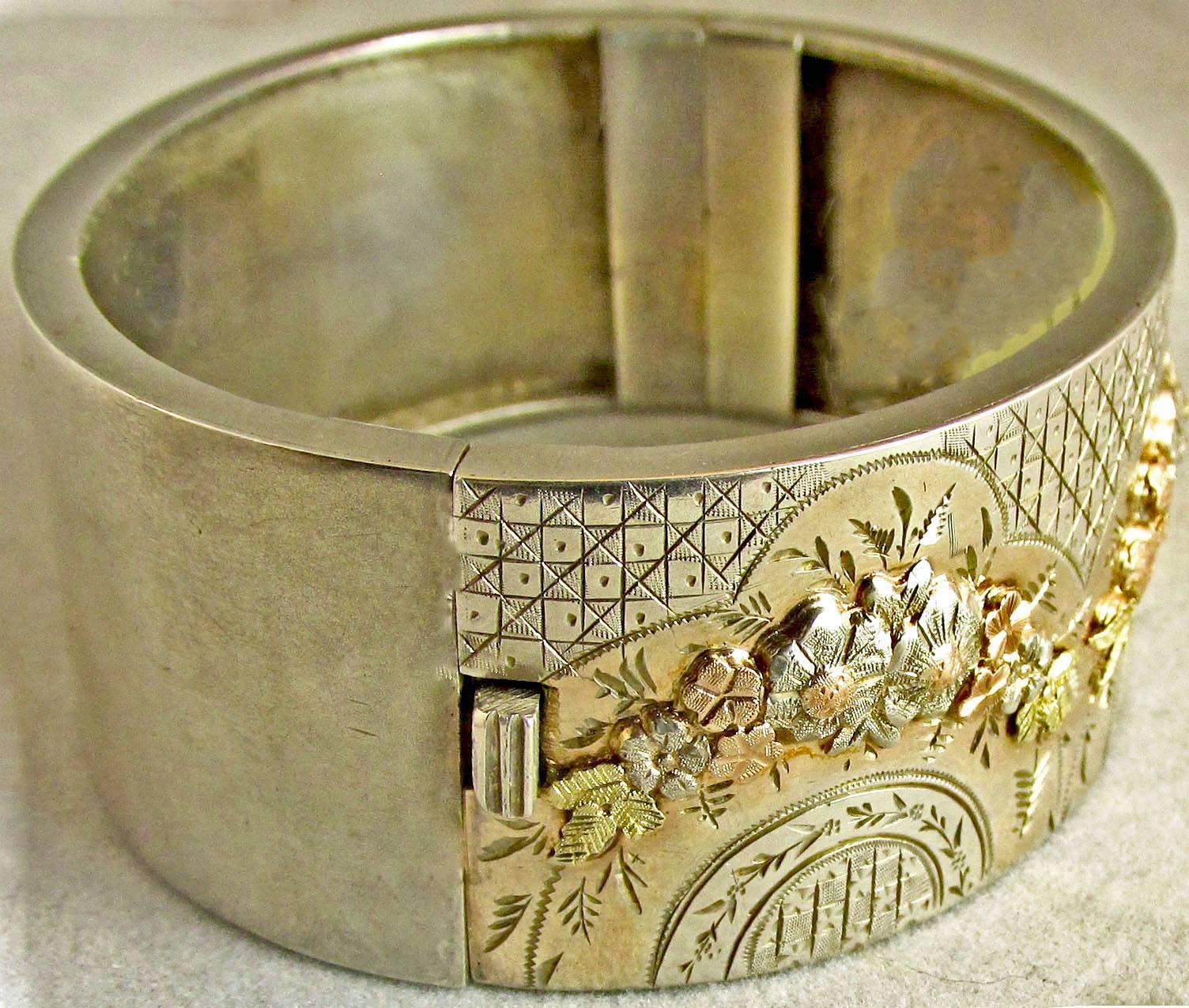 Antique Silver Two Color Gold Floral Motif Bangle Bracelet In Excellent Condition For Sale In Baltimore, MD