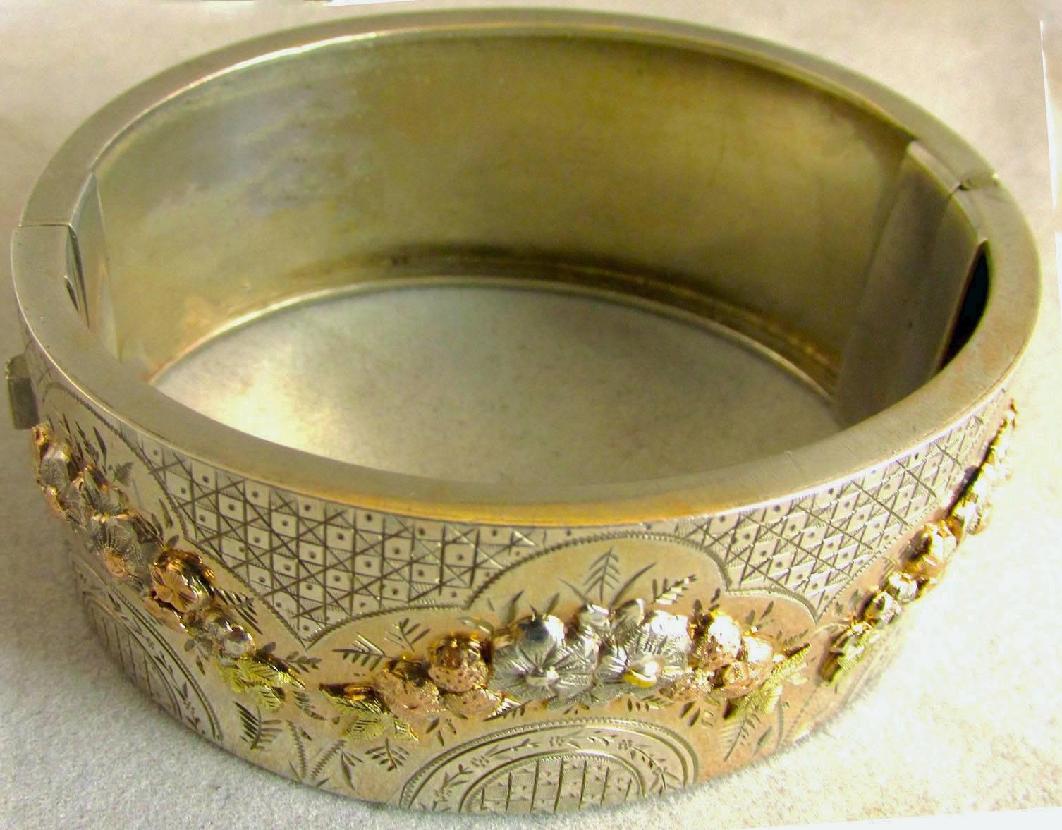 Women's Antique Silver Two Color Gold Floral Motif Bangle Bracelet For Sale