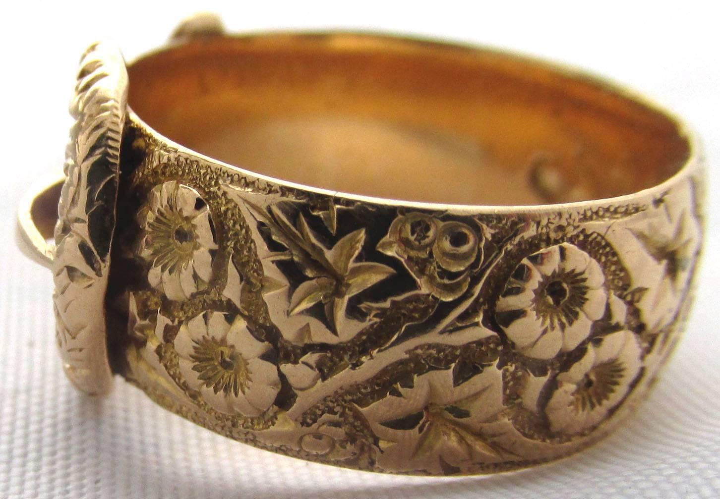 Englisches, edwardianisches, graviertes Gold  Schnalle Ring 1