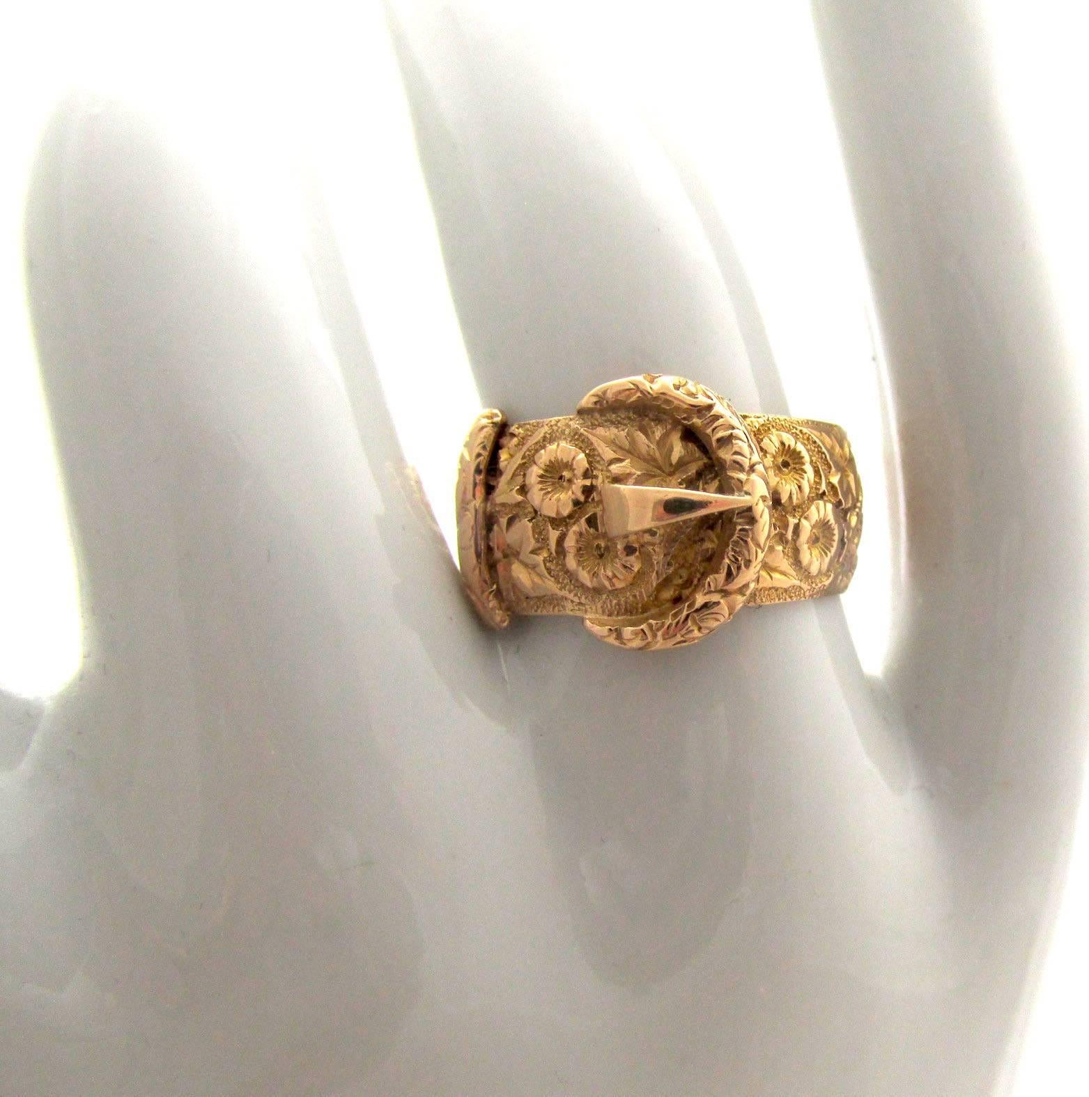 Englisches, edwardianisches, graviertes Gold  Schnalle Ring 5