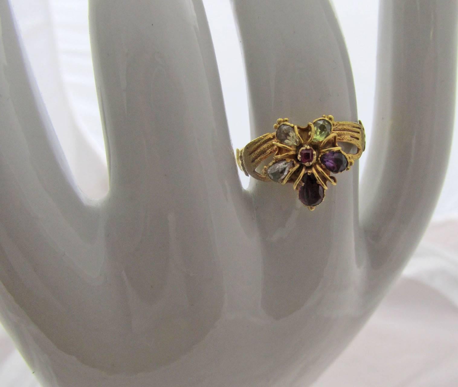 Antique Multi-Stone Gold Hands Holding Pansy Ring 4