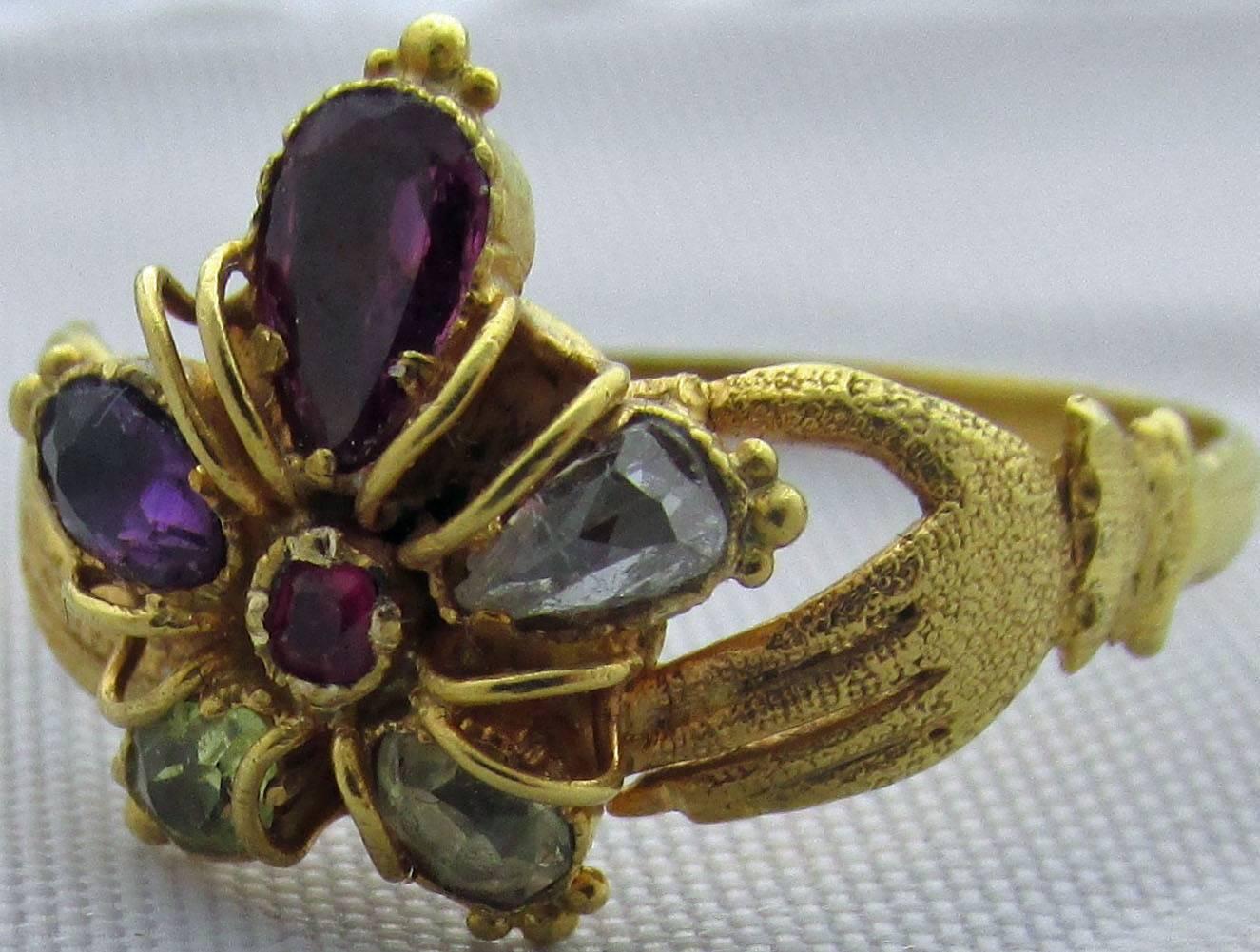 Georgian Antique Multi-Stone Gold Hands Holding Pansy Ring