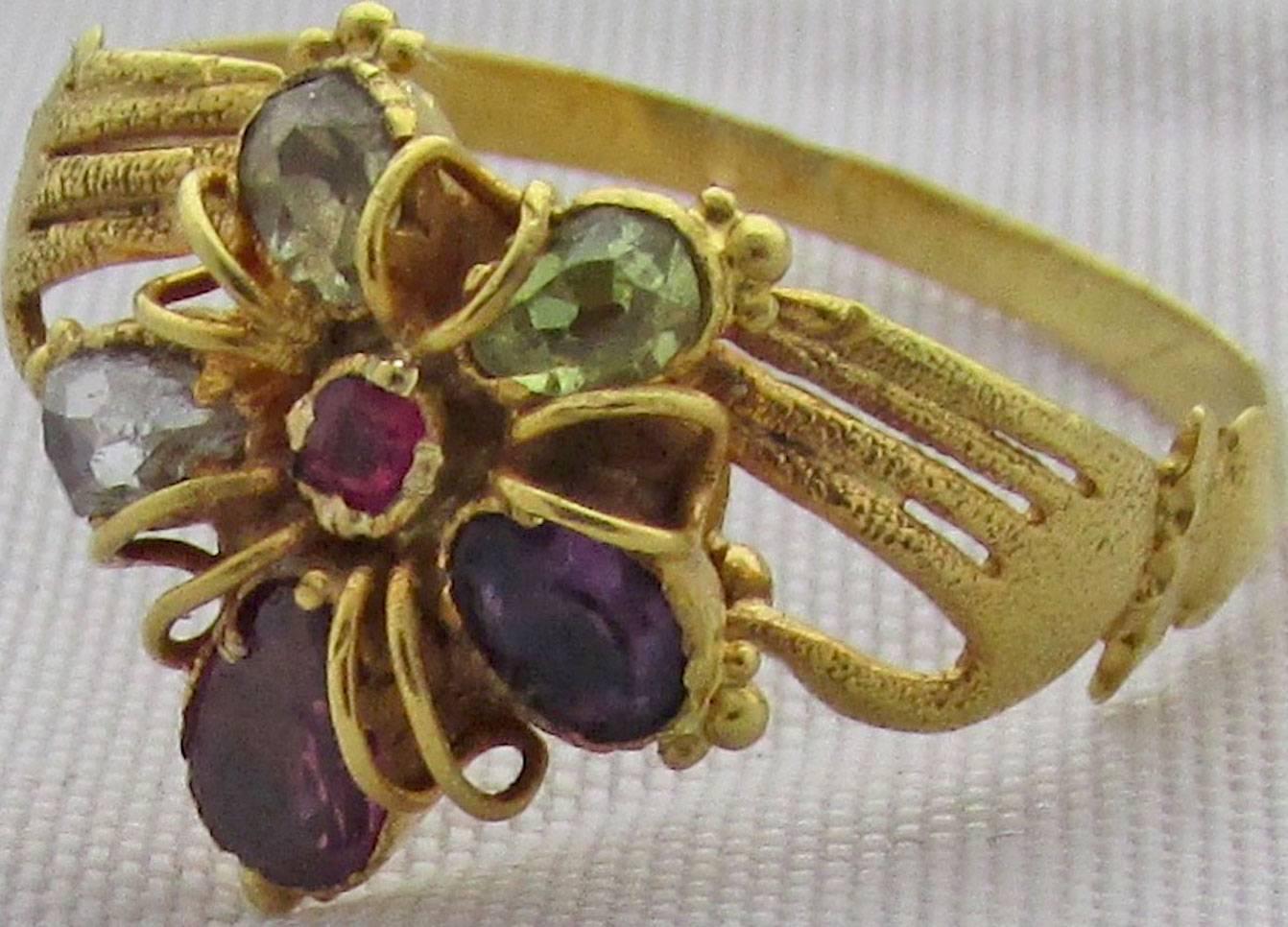 Old European Cut Antique Multi-Stone Gold Hands Holding Pansy Ring