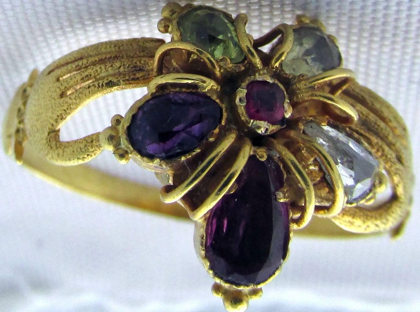 Antique Multi-Stone Gold Hands Holding Pansy Ring 1