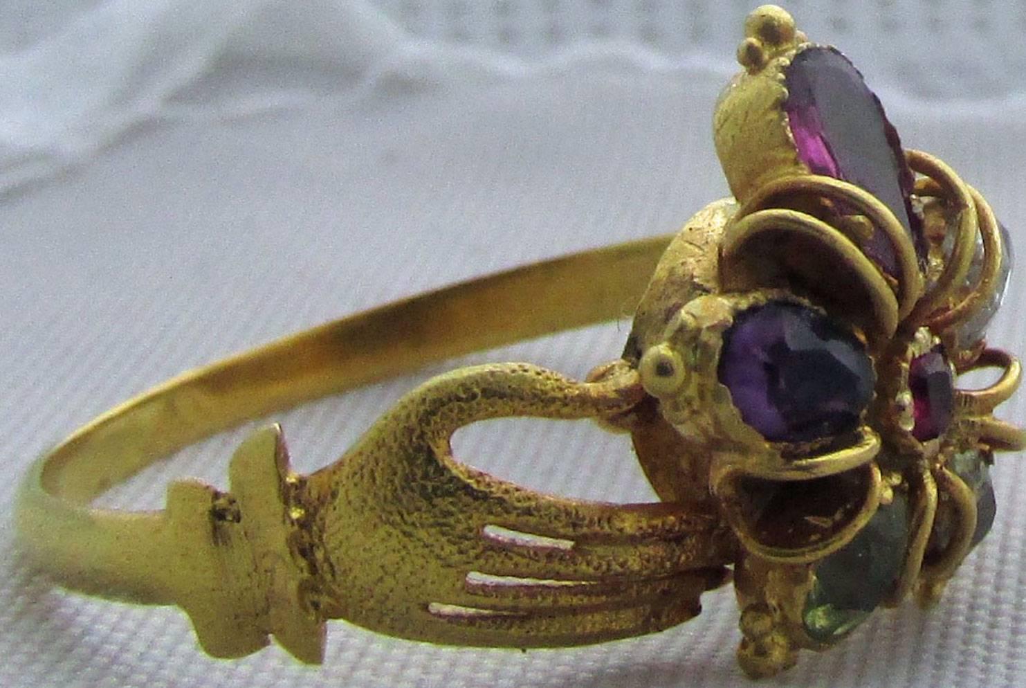 Antique Multi-Stone Gold Hands Holding Pansy Ring In Excellent Condition In Baltimore, MD