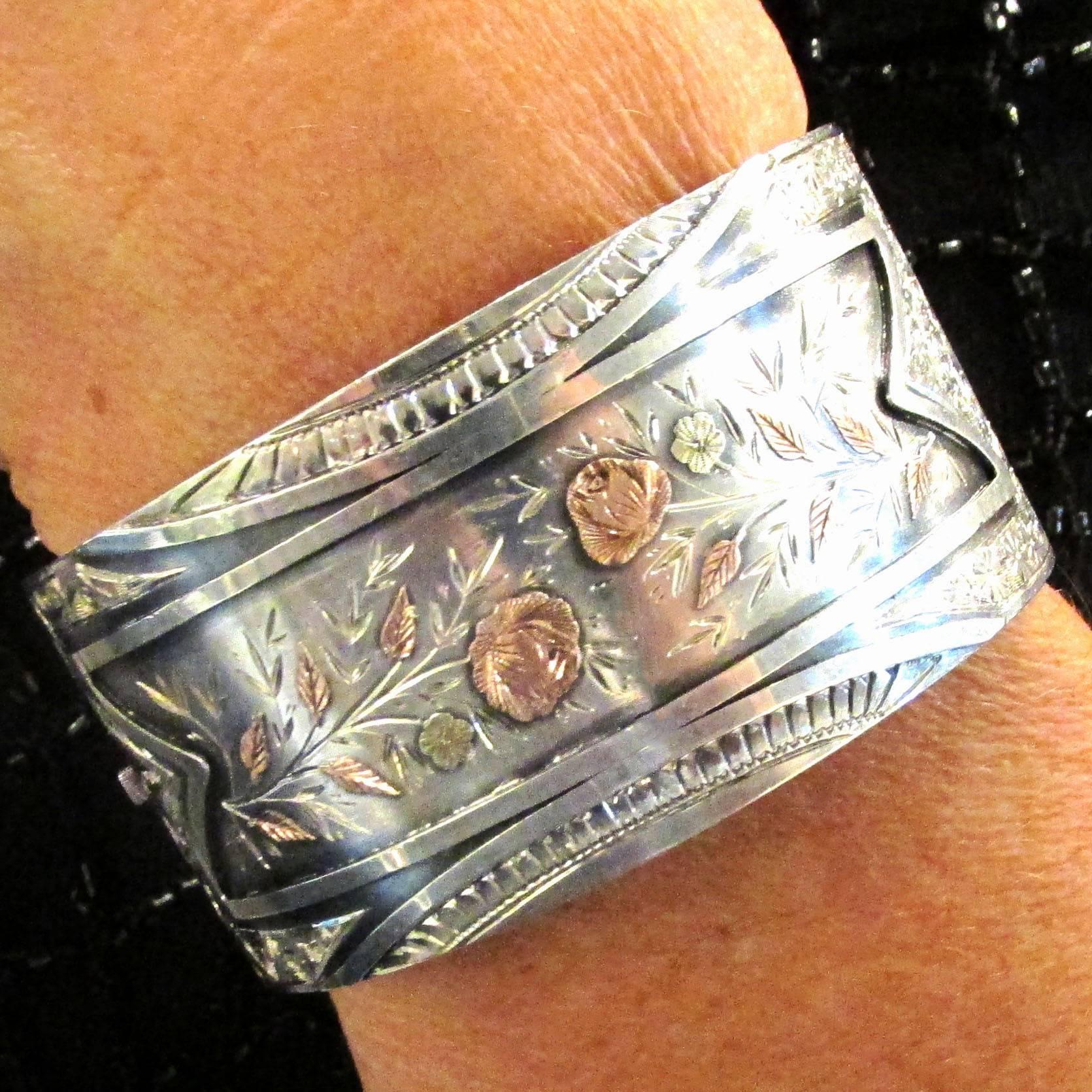 Antique Victorian Sterling Silver Two Color Gold Cuff Bracelet 2