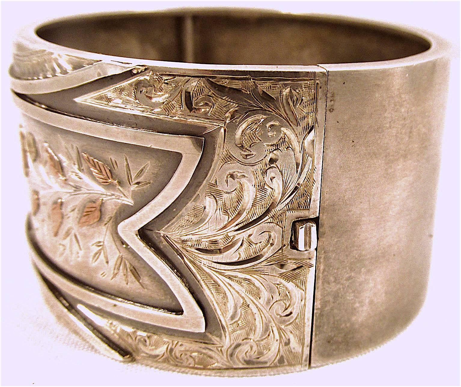 Antique Victorian Sterling Silver Two Color Gold Cuff Bracelet In Excellent Condition In Baltimore, MD