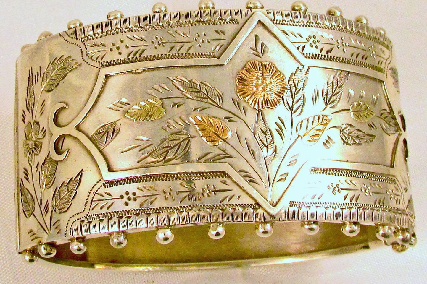 Antique Sterling Silver Gold Cuff Bracelet In Excellent Condition In Baltimore, MD
