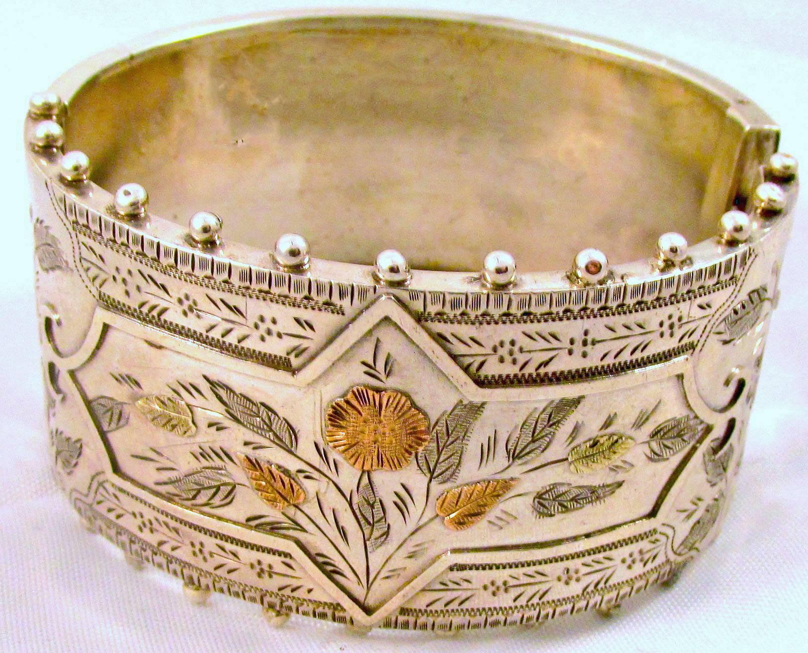 High Victorian Antique Sterling Silver Gold Cuff Bracelet