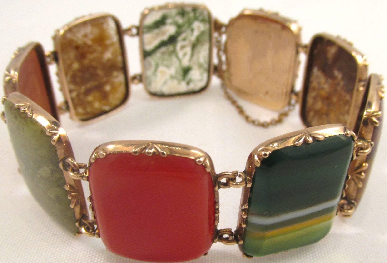 Early Victorian multi-stone agate bracelet in an elaborate setting of 12K gold.
Each stone has it's own unique beauty and charm. Great to wear day or night.
The bracelet measures 6 7/8" long by 7/8" at its widest.