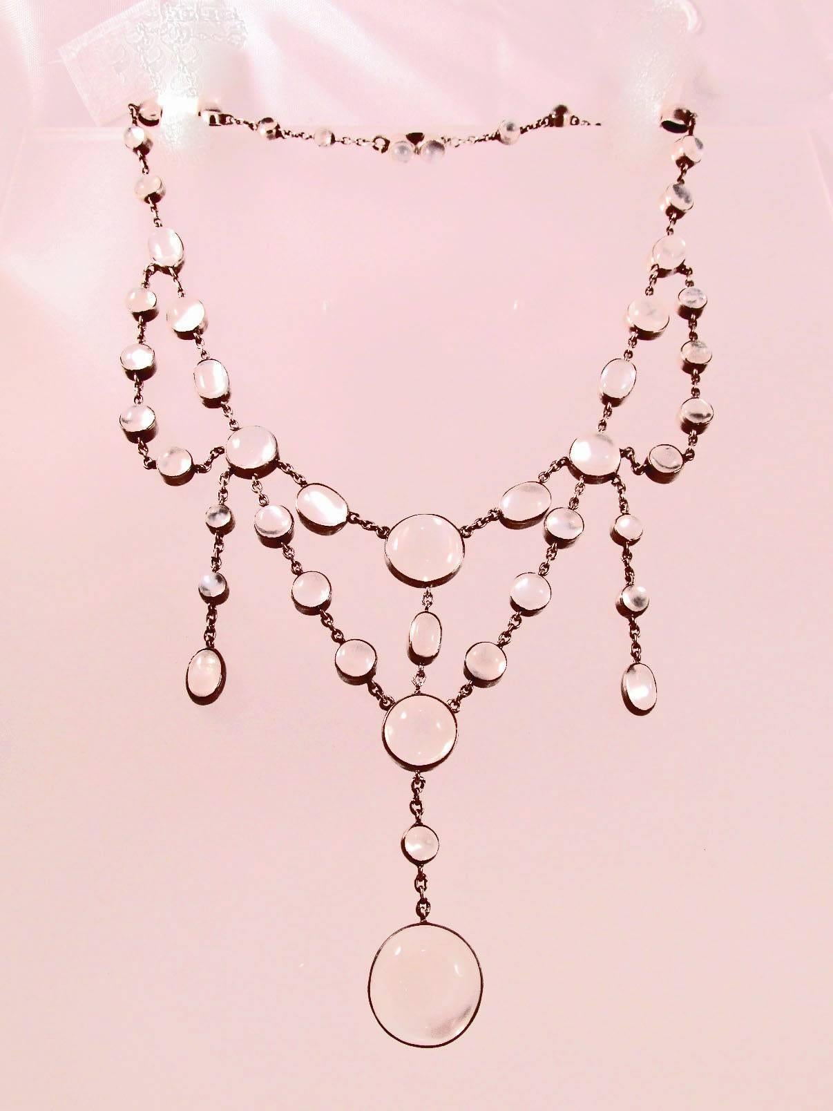 Edwardian Antique Moonstone Silver Necklace  For Sale