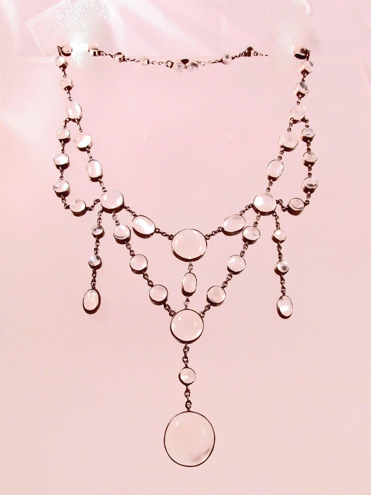 Edwardian Antique Moonstone Silver Necklace For Sale