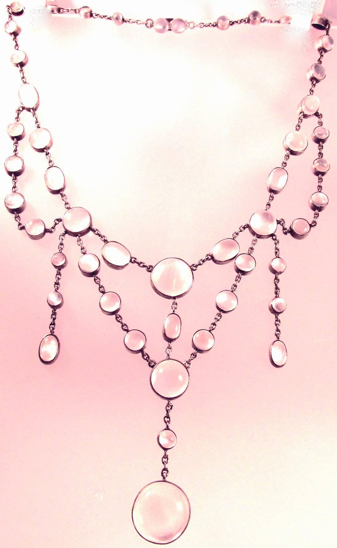 Wonderful Edwardian moonstone necklace set in silver. It is said if your lover  gives you a moonstone necklace when the moon is full you will always have a passion for each other. Moonstones became popular during the Art Nouveau period as a talisman