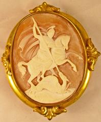 Antique Victorian Saint George and Dragon Gold Cameo Brooch