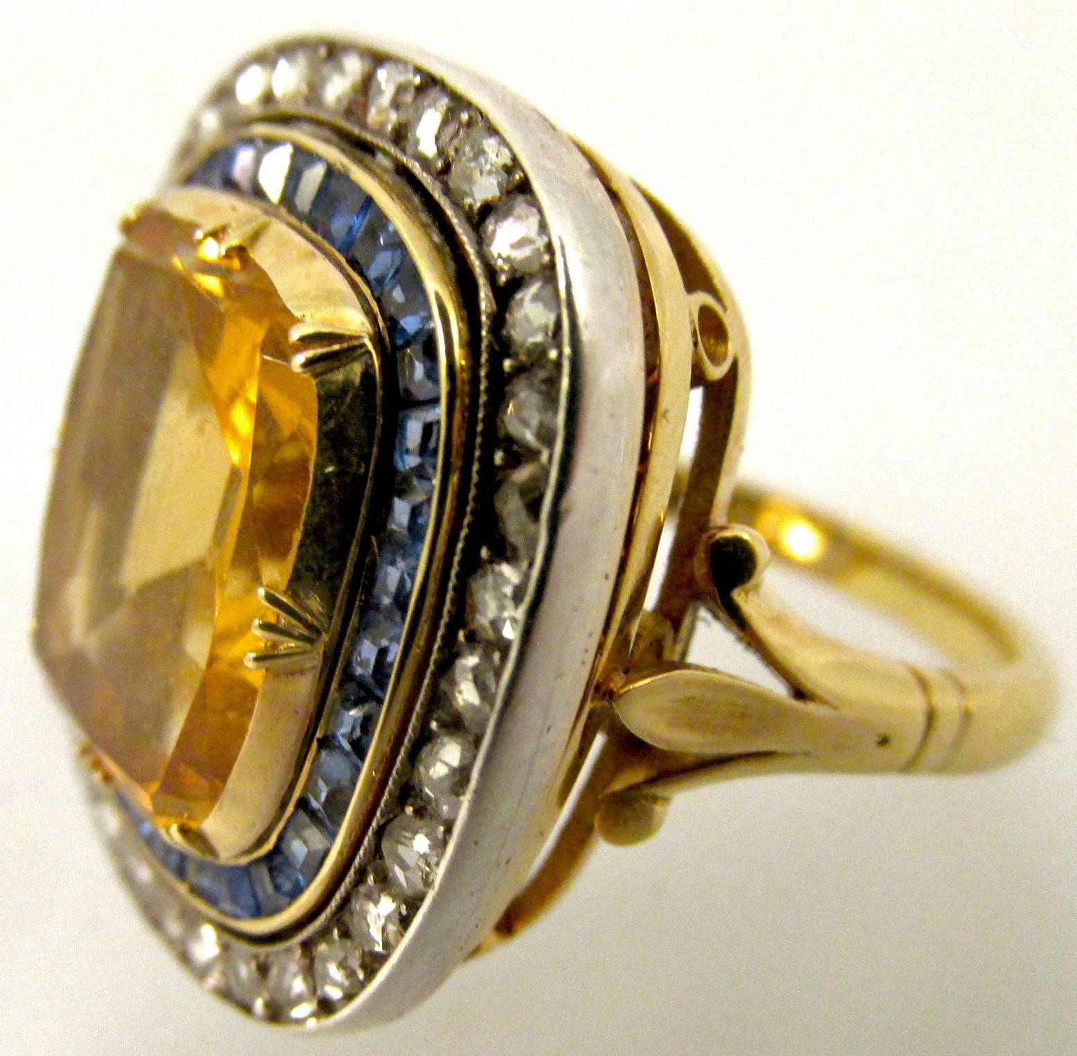 Citrine Sapphire Diamond Silver Gold Ring In Excellent Condition In Baltimore, MD
