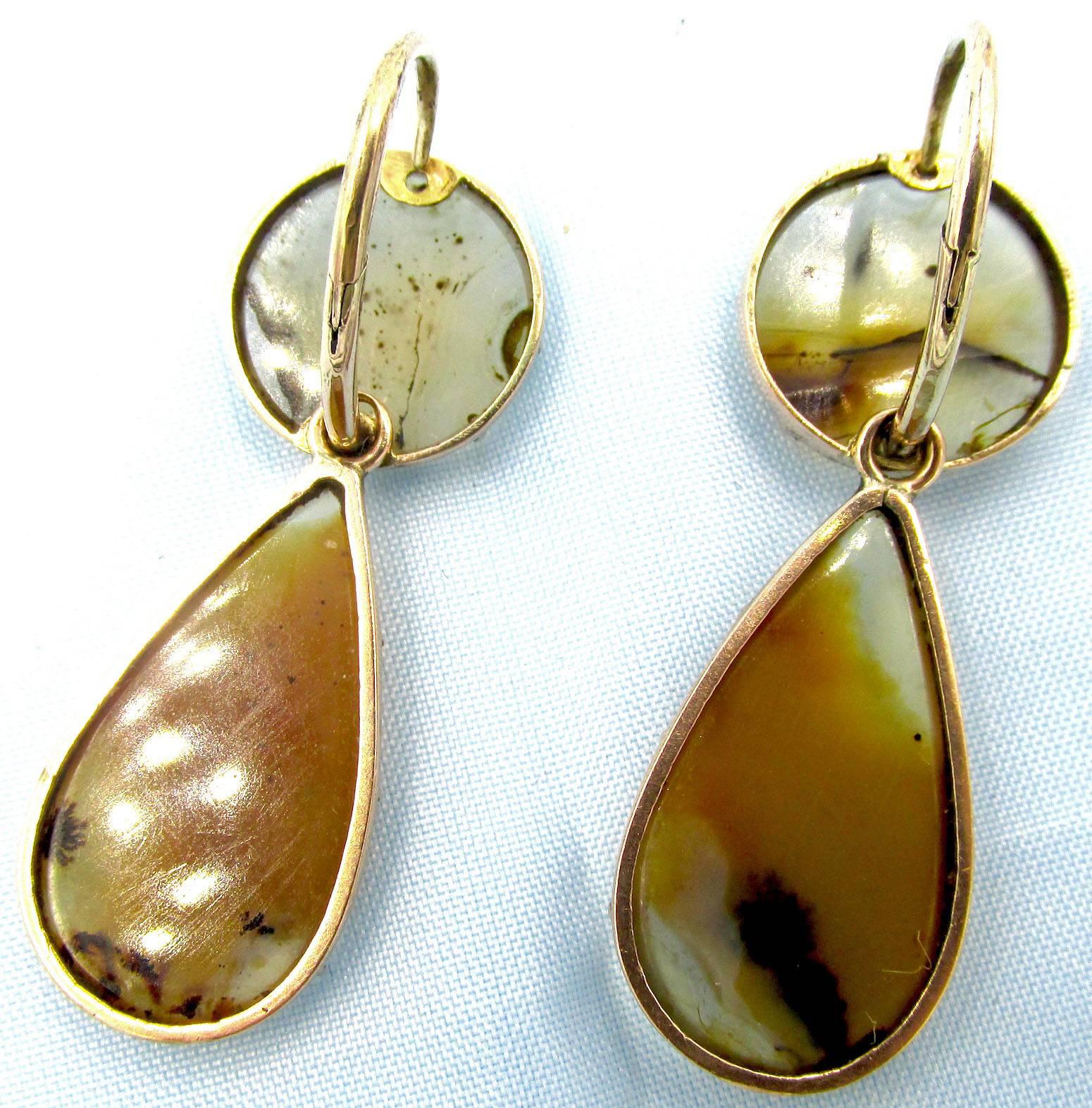 Early Victorian Antique Gold and Moss Agate Drop Earrings