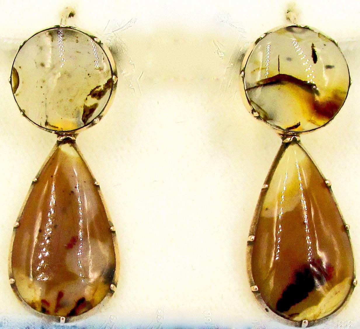 moss agate long drop earrings gold
