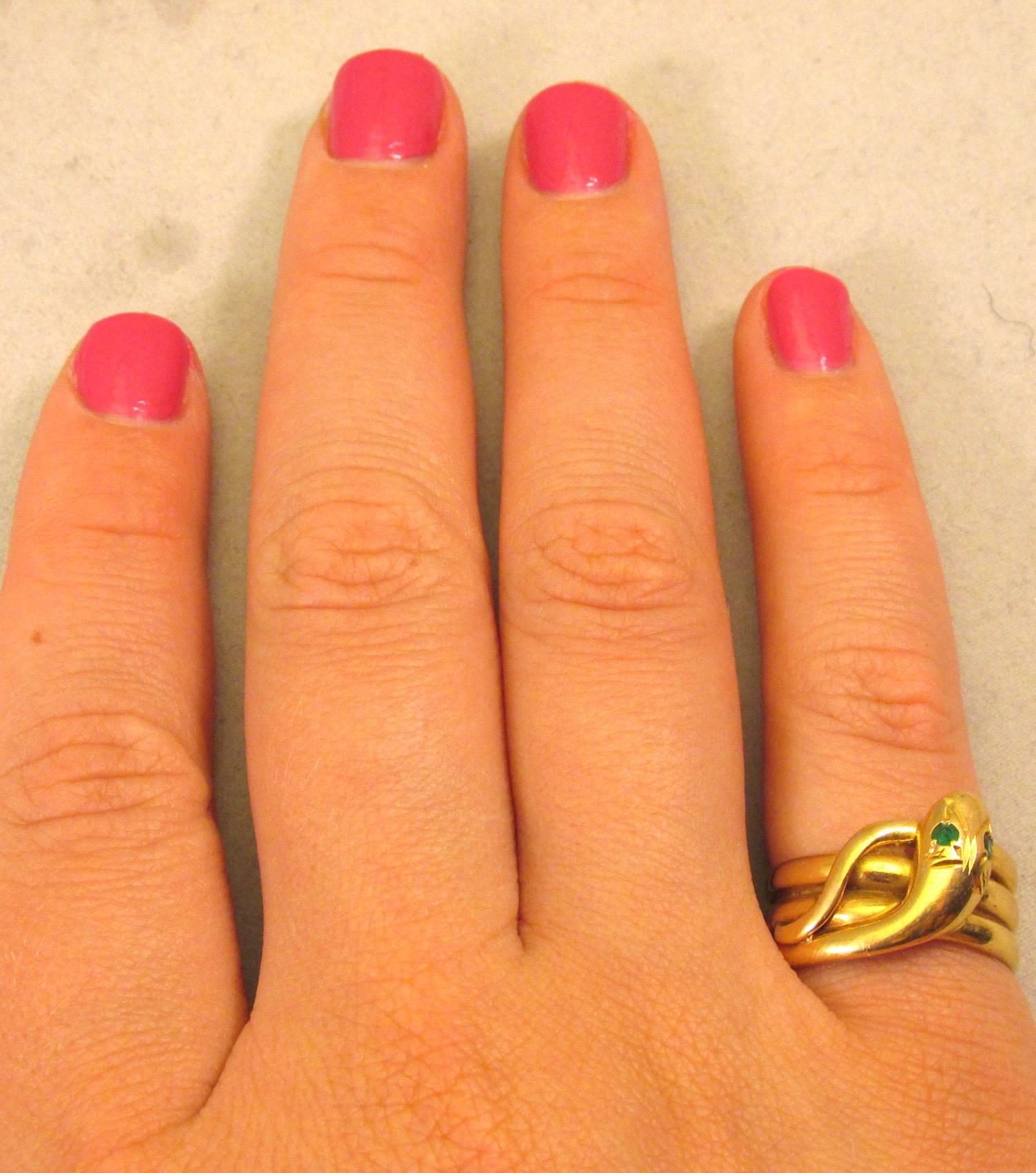 Gold Snake Ring with Emerald Eyes In Excellent Condition In Baltimore, MD