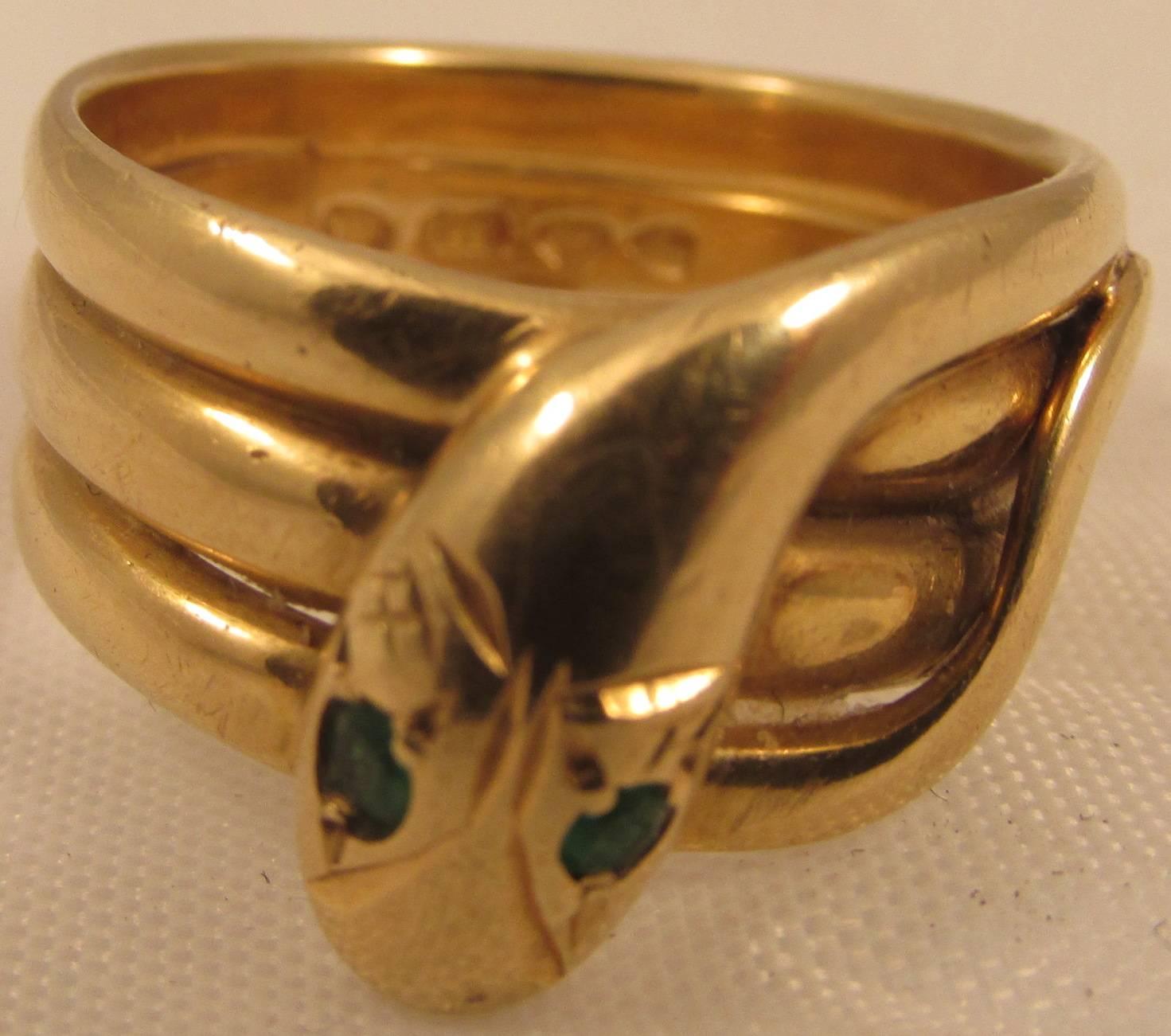 Late Victorian Gold Snake Ring with Emerald Eyes