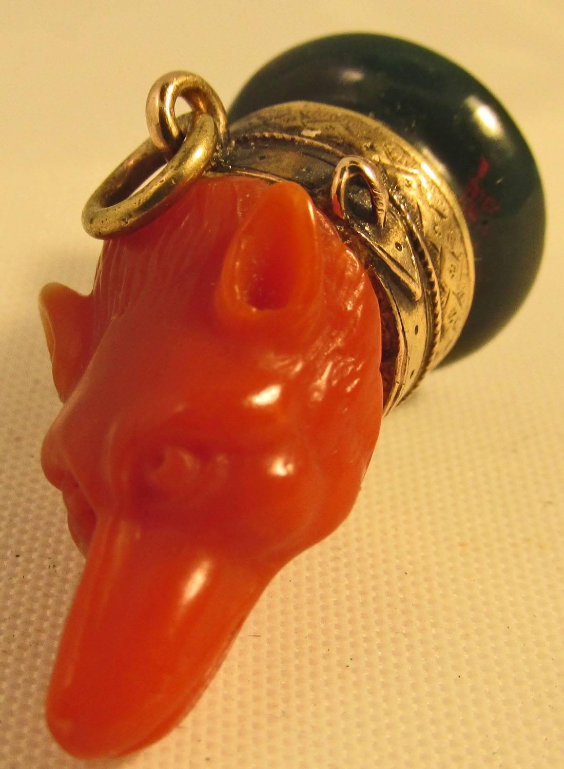 Victorian Antique Coral Bloodstone Gold Fob