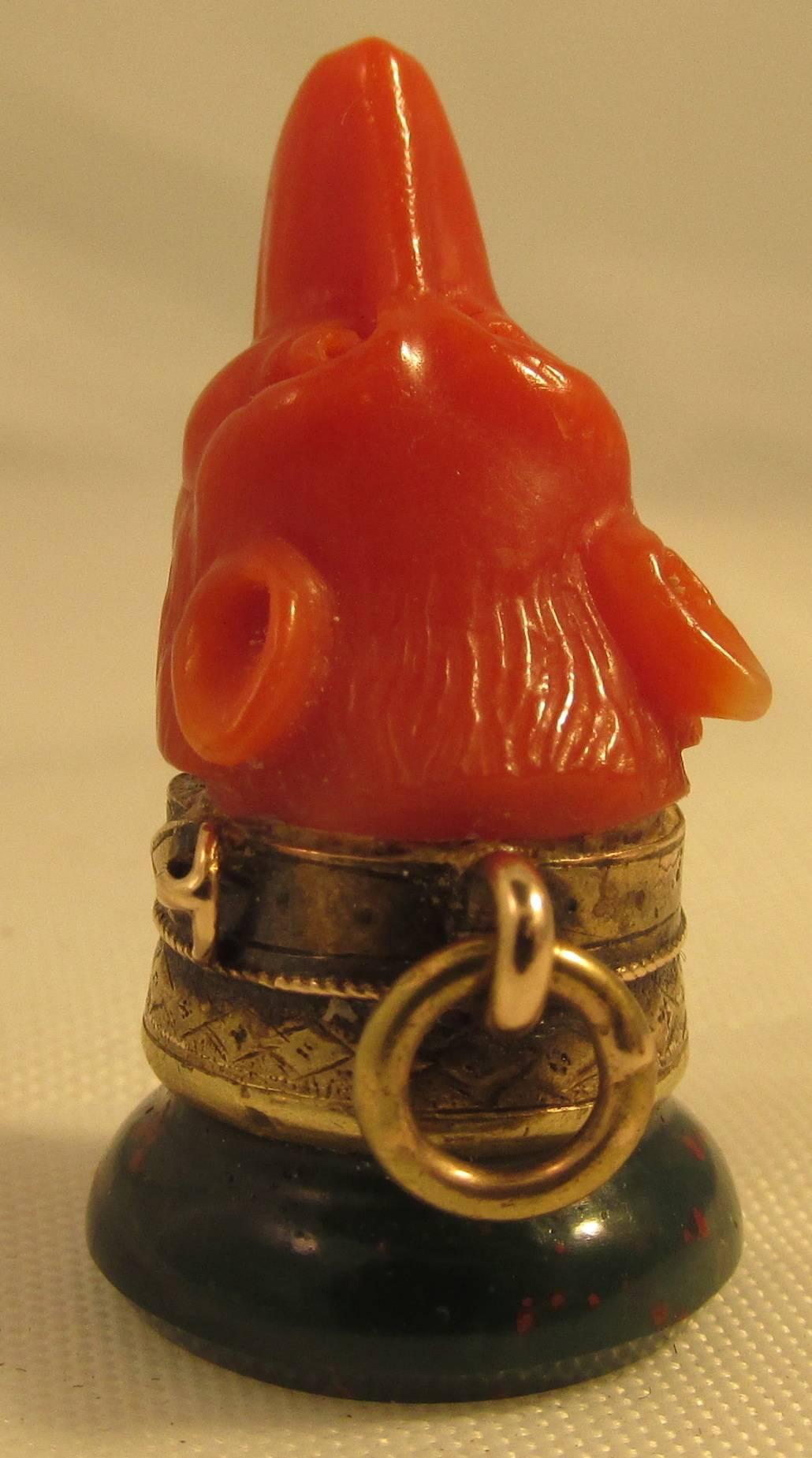 Antique Coral Bloodstone Gold Fob In Excellent Condition In Baltimore, MD