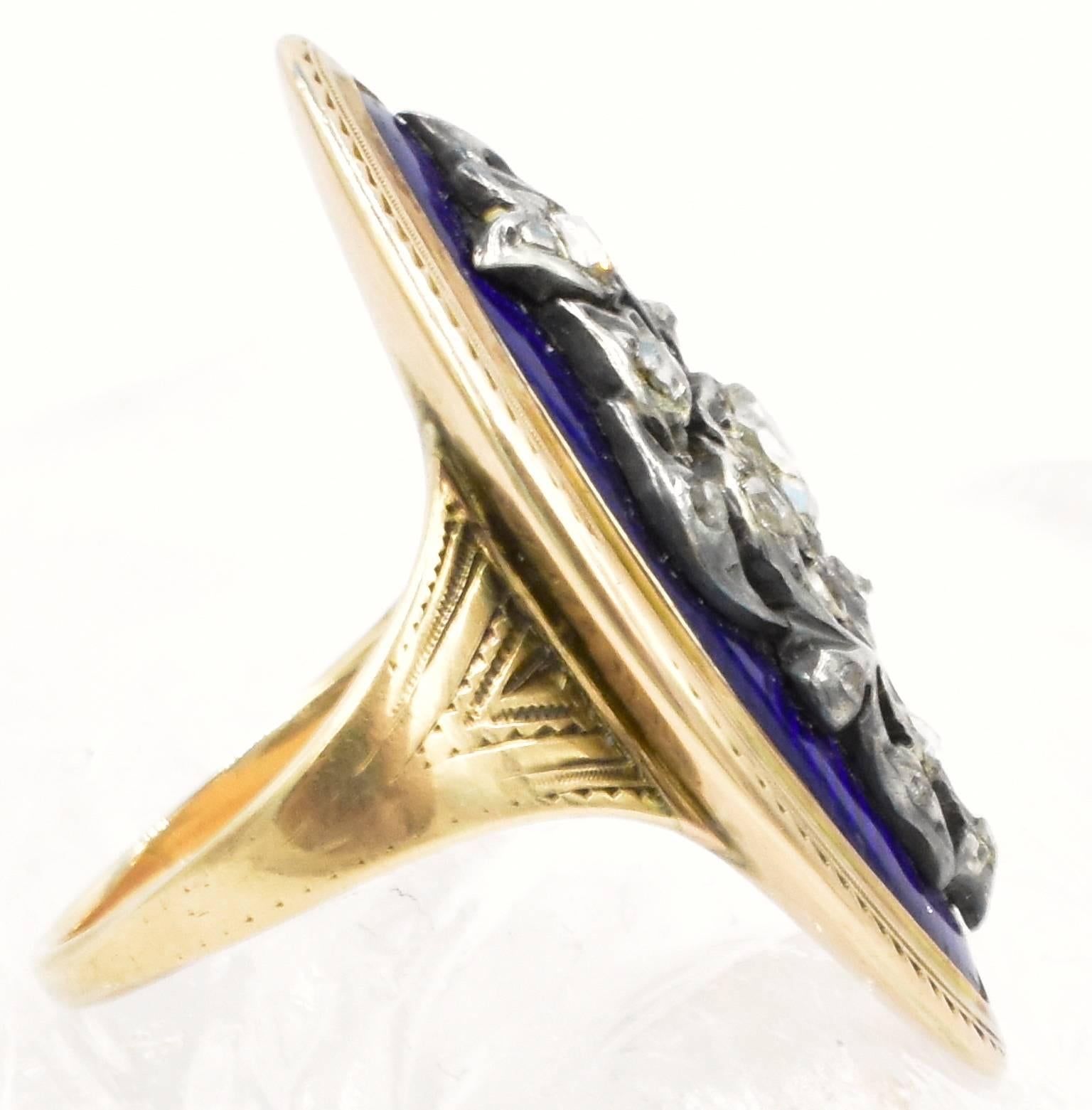 Antique Marquise Shaped Gold, Enamel and Diamond Ring In Excellent Condition In Baltimore, MD