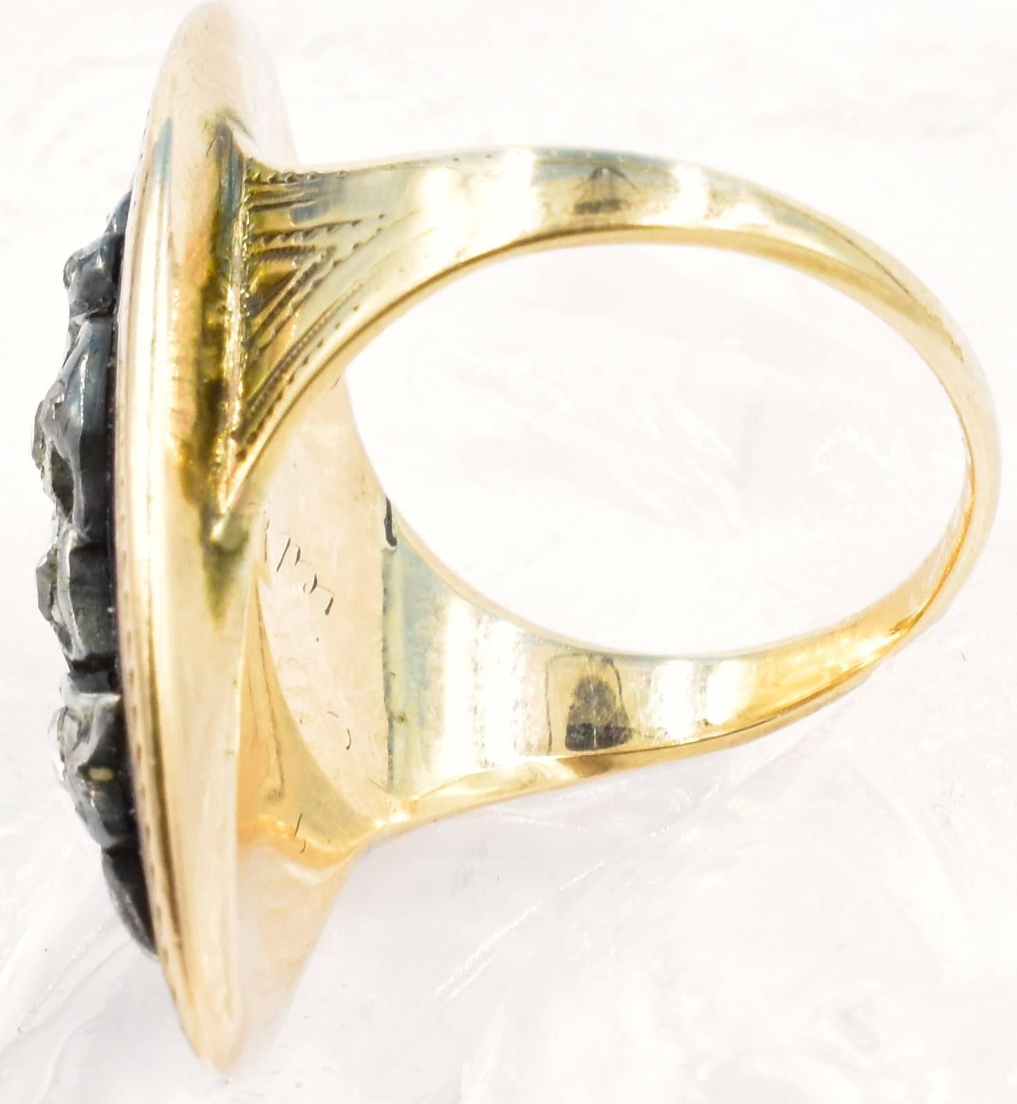 Old European Cut Antique Marquise Shaped Gold, Enamel and Diamond Ring For Sale