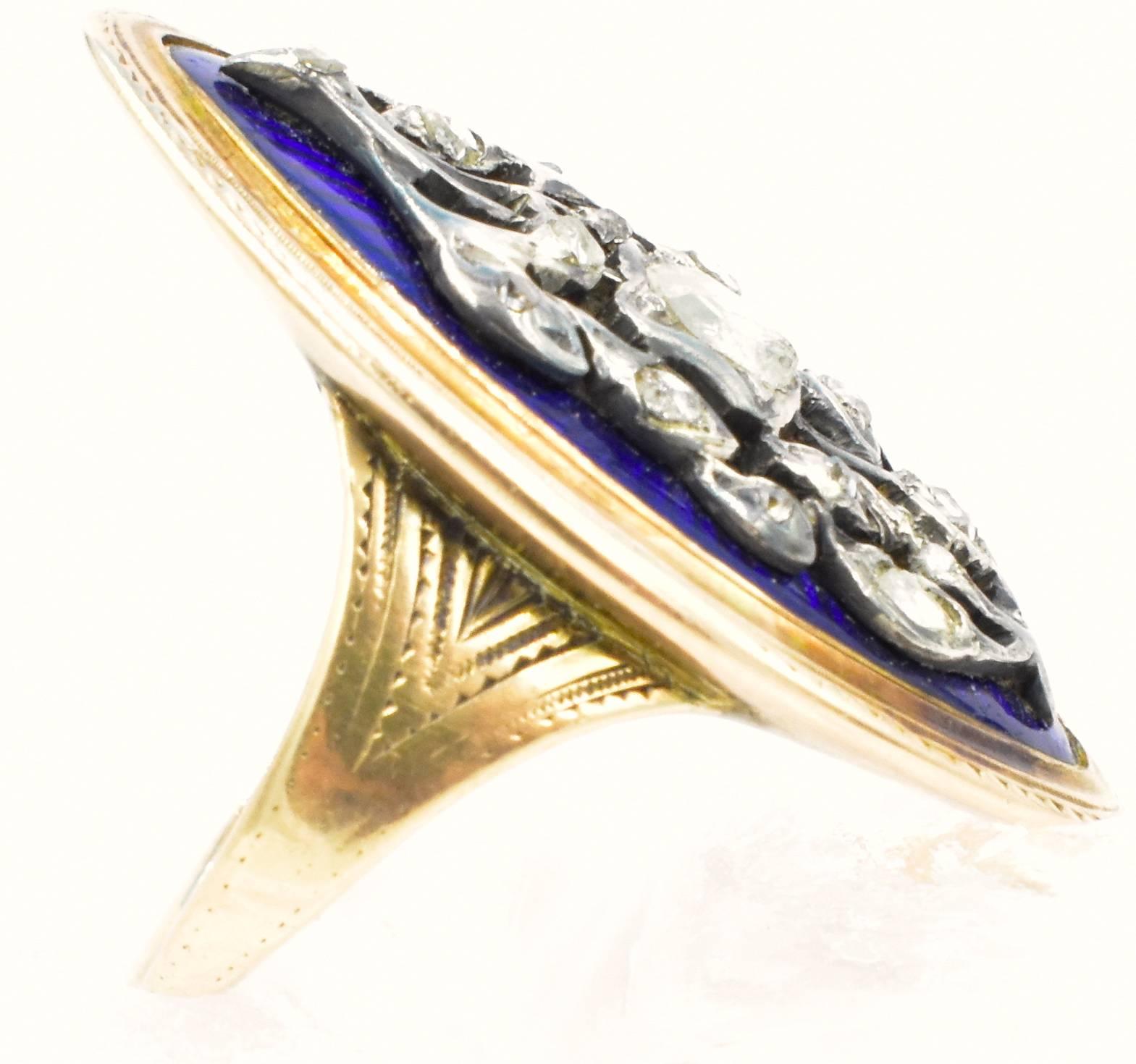 Antique Marquise Shaped Gold, Enamel and Diamond Ring For Sale 1