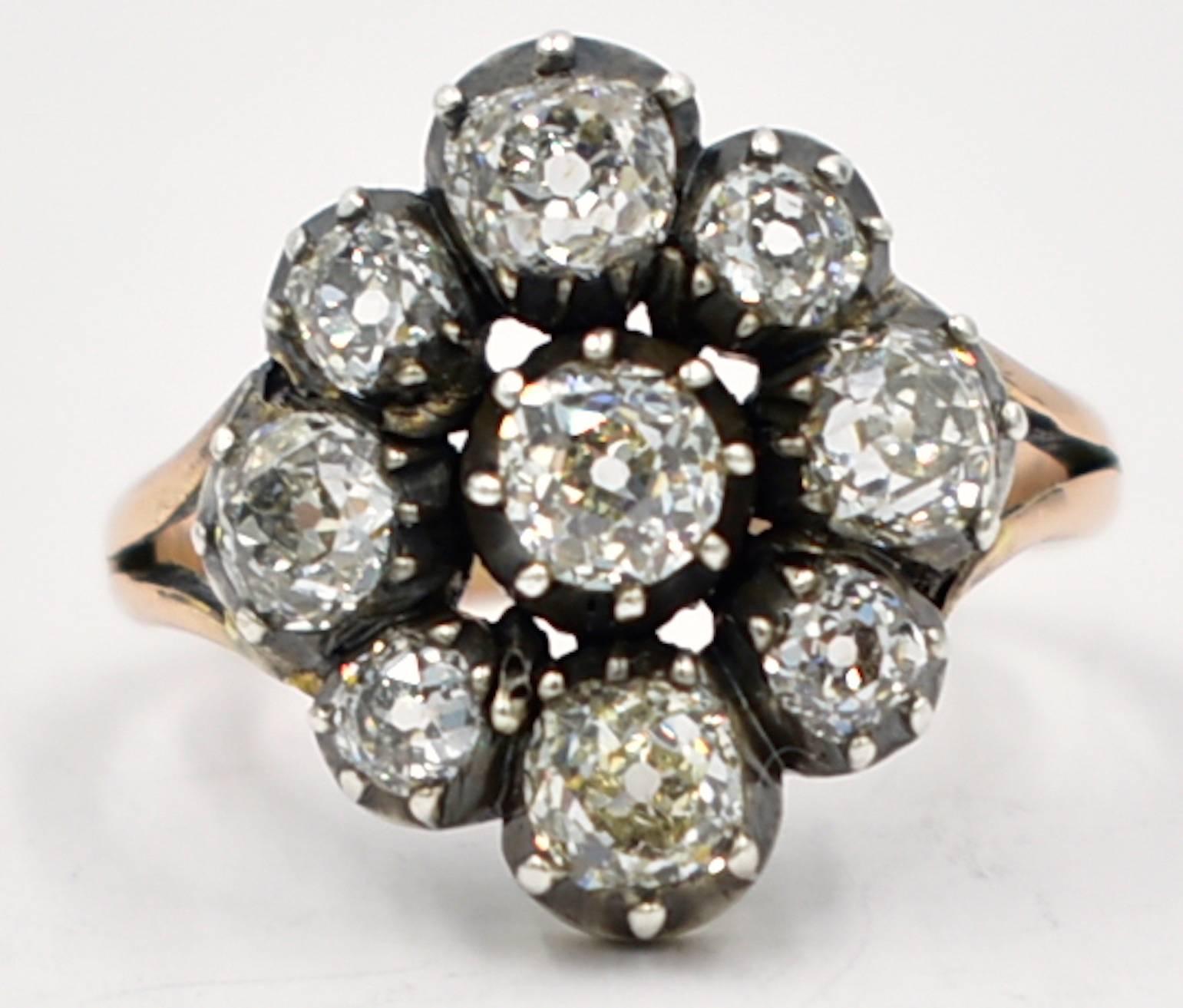 Impressive Georgian diamond cluster ring with nine full cut diamonds in a silver open back setting with an 18K gold band dating to c. 1820. The pictures speak for themselves. The ring is a size 6.