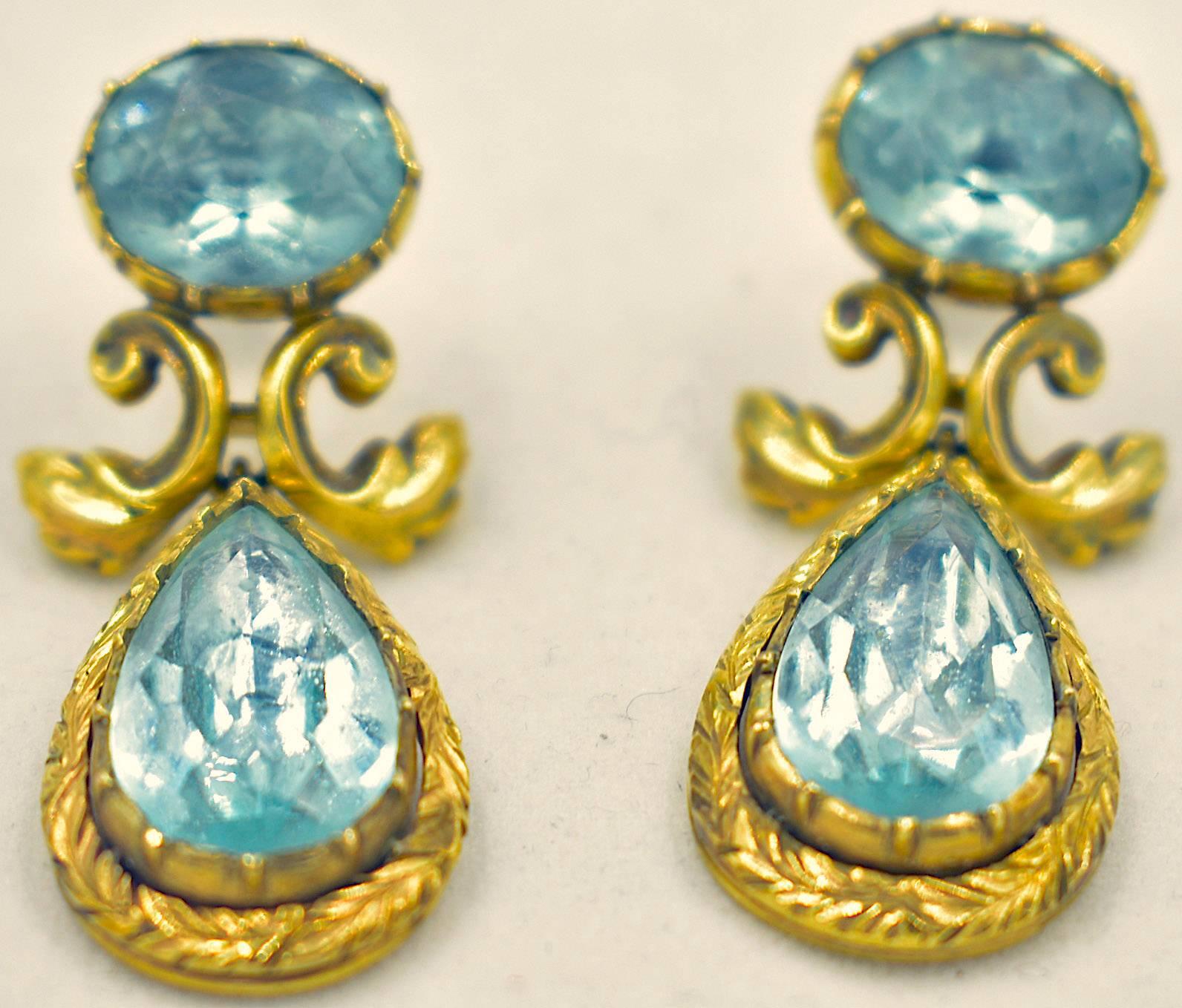 Antique Aquamarine Gold Drop Earrings In Excellent Condition In Baltimore, MD