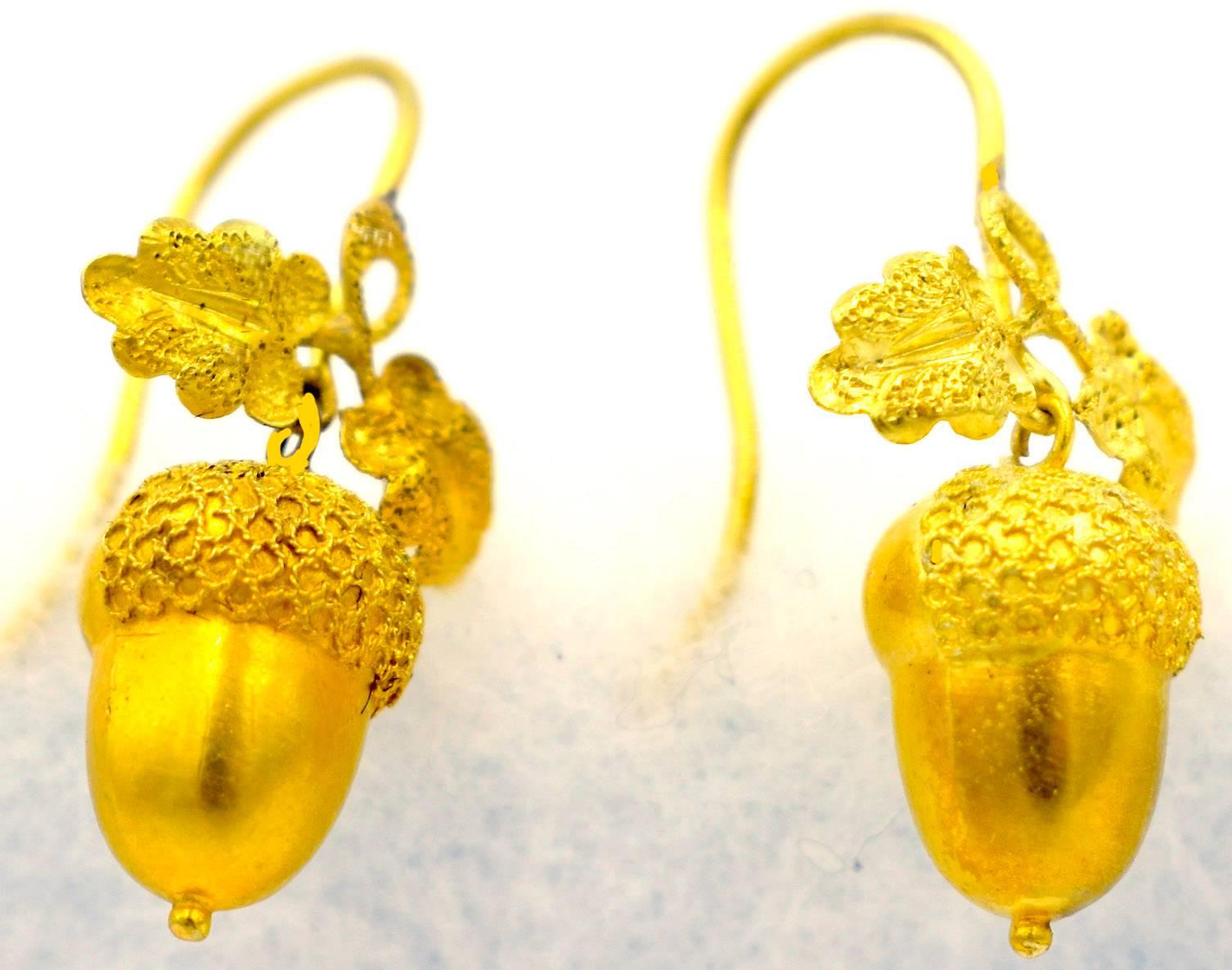 Delightful Victorian 18K gold acorn earrings. Acorns symbolize good fortune, joy,  prosperity and strength. Wonderful to wear day or night, put them on and away you go. 