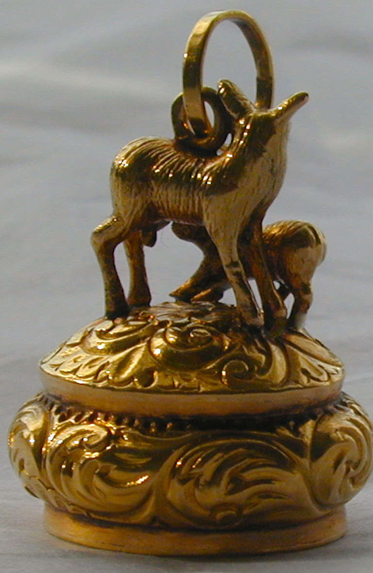 Antique Gold Fob of a Deer and Fawn 1