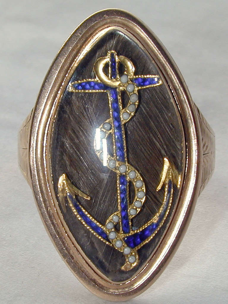 Rare Georgian memorial ring decorated with a rope and anchor, the symbol of the British Royal Navy. The first recorded use of this symbol was by the Lord High Admiral of Scotland in 1402. The symbol was subsequently adopted by the English Navy