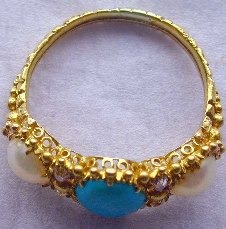 Antique Turquoise Pearl Gold Ring In Excellent Condition In Baltimore, MD