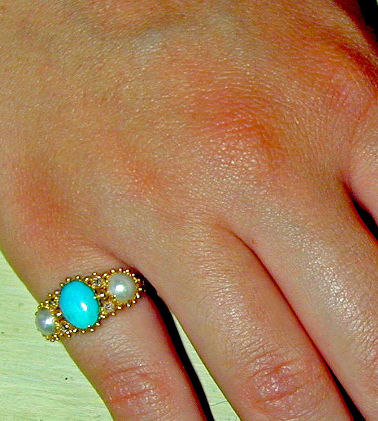 Antique Turquoise Pearl Gold Ring 3