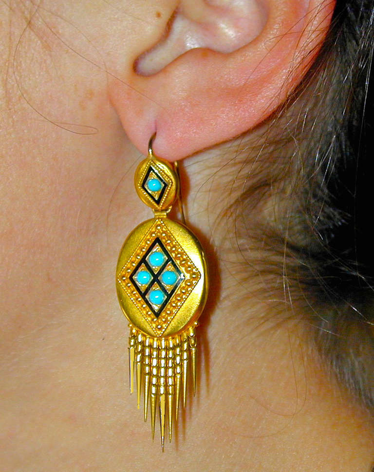Women's Antique Enamel Turquoise Gold Fringe Earrings
