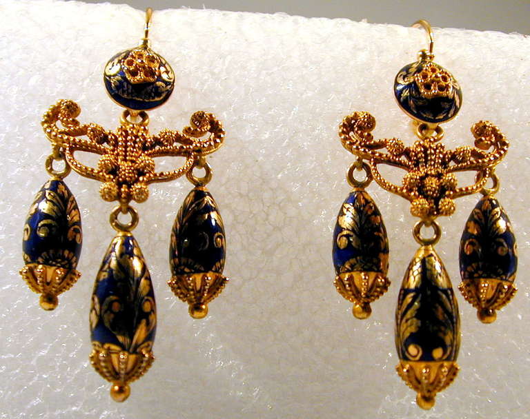 Victorian Antique Enamel Gold Girandole Earrings For Sale