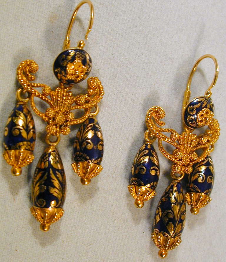 Antique Enamel Gold Girandole Earrings For Sale 2