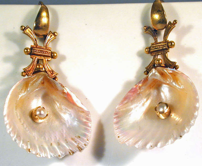 Antique Shell Pearl Gold Earrings at 1stDibs