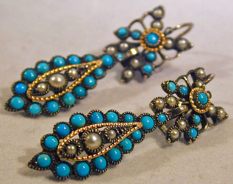 Victorian Antique Turquoise Pearl Drop Earrings