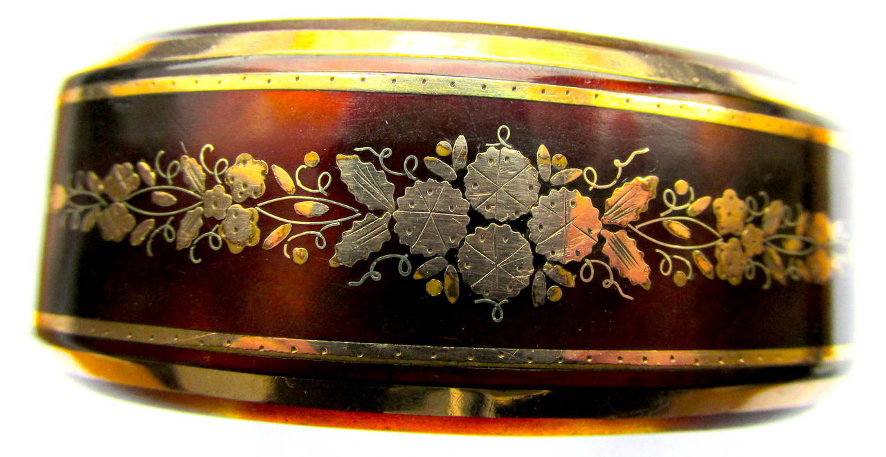 Antique Victorian Pique, Gold & Silver Hinged Bangle Bracelet In Excellent Condition In Baltimore, MD
