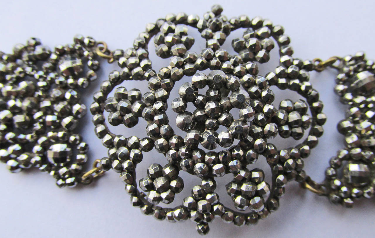 Antique Victorian Cut Steel Floral Motif Bracelet In Excellent Condition In Baltimore, MD