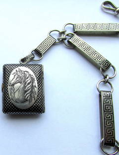 Antique Silver Niello Horse Head Motif Locket and Chain